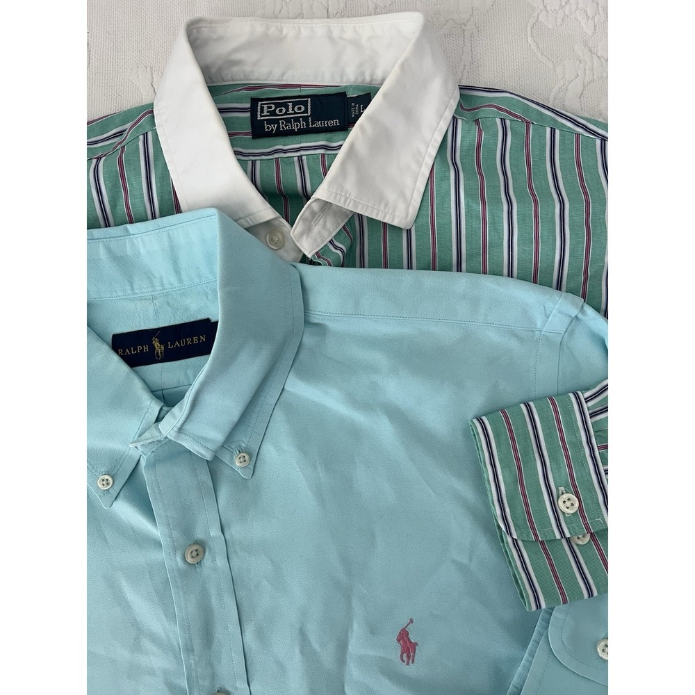 Lot‎ Of 2 LARGE Polo Ralph Lauren Men's Cotton Oxford Button Down Shirts Aqua